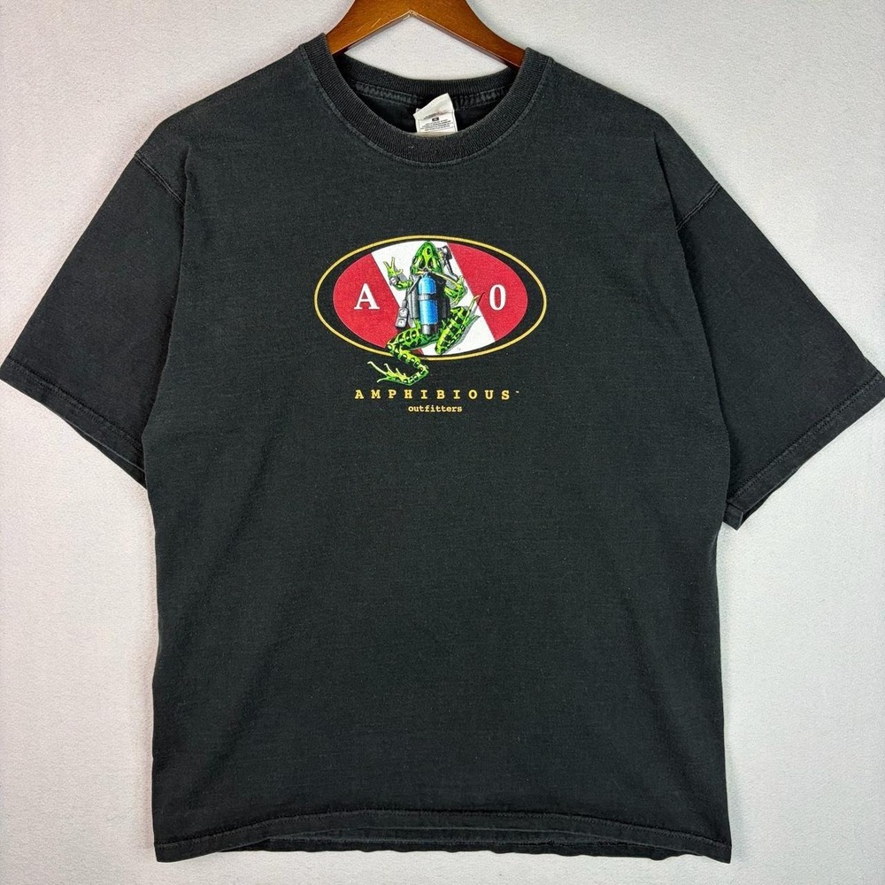 90s Amphibious Outfitters Scuba Diving Frog Black Tee Shirt L